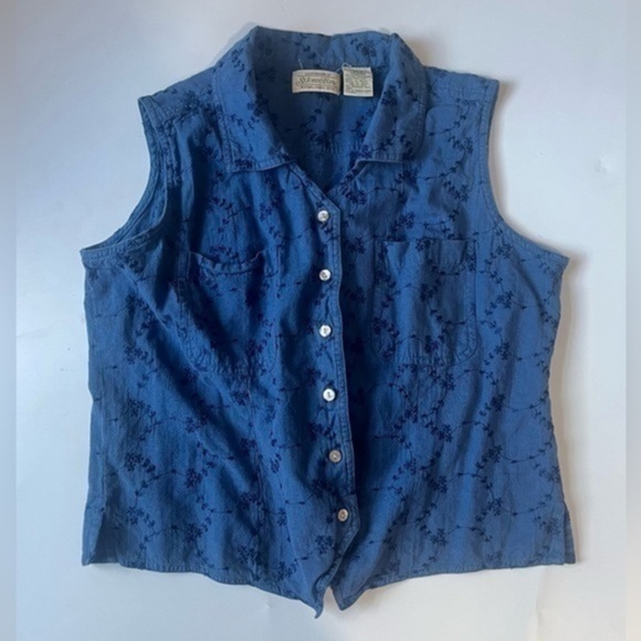 VINTAGE COTTAGE-CORE ST. JOHNS BAY BLUE EMBROIDERED TANK TOP | SIZE L​ - Picture 1 of 4